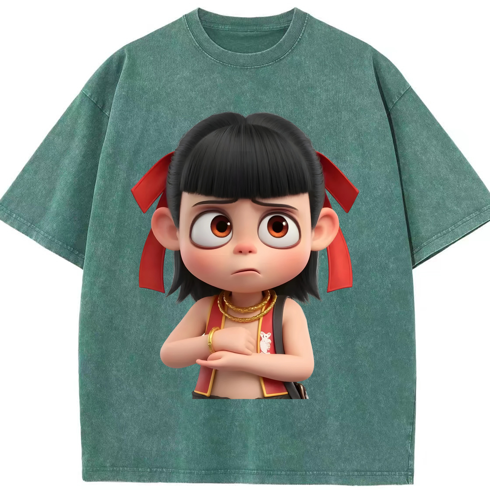 （画像用） Ne Zha 2 ナタ 魔童の大暴れ 綿100% ヴィンテージ風 半袖Tシャツ（フロントプリント）